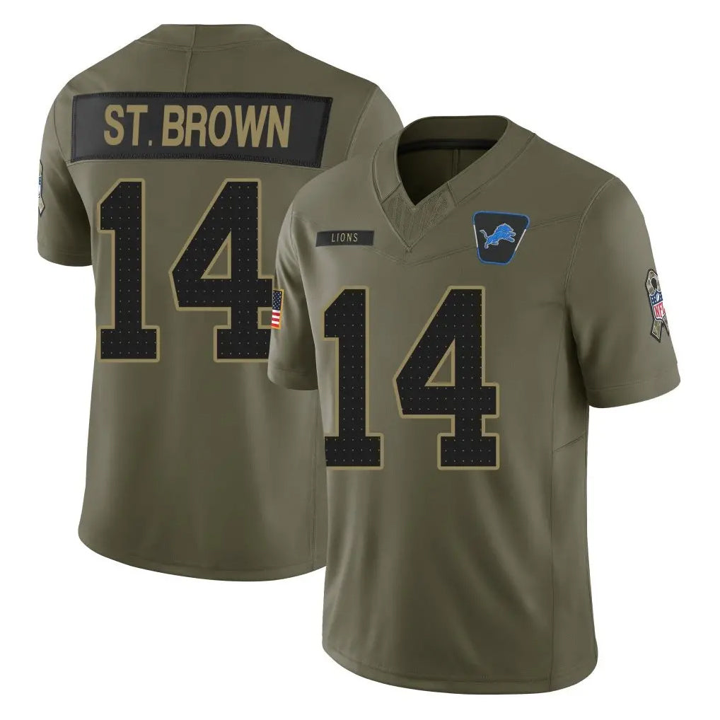 Davalo D.Lions #14 Amon-Ra St. Brown Player Olive 2025 Salute To Service Limited Home Game Stitched Jerseys