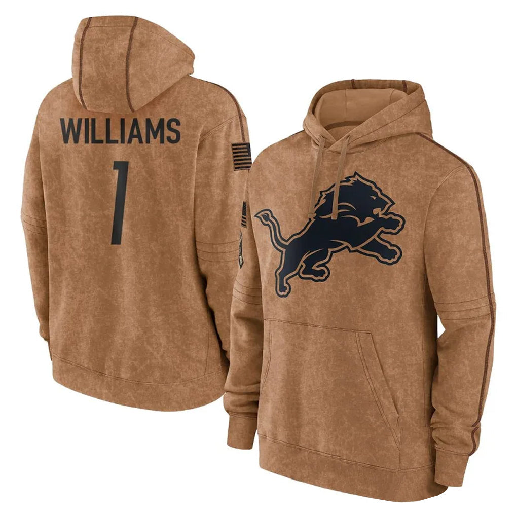Davalo D.Lions #1 Jameson Williams Player Brown Salute to Service Hoodies Limited Game Stitched Jerseys