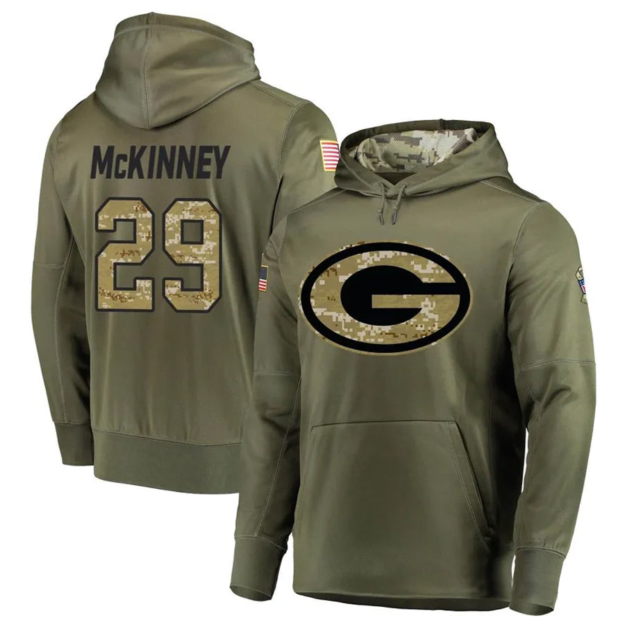 Davalo GB.Packers #29 Xavier McKinney Player Olive Salute to Service Pullover Hoodie Game Stitched Jerseys