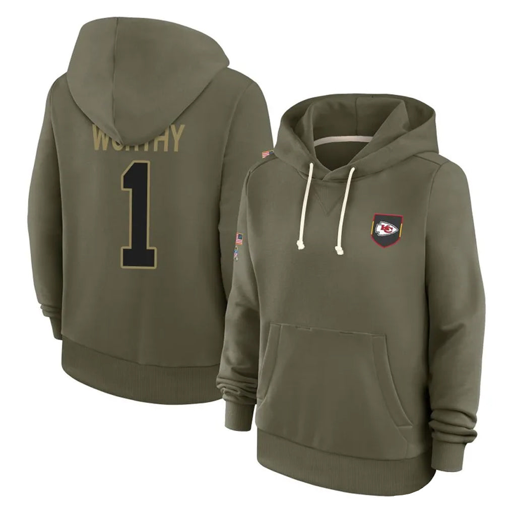 Davalo KC.Chiefs #1 Xavier Worthy Player Olive Salute to Service Hoodies Stitched Jerseys