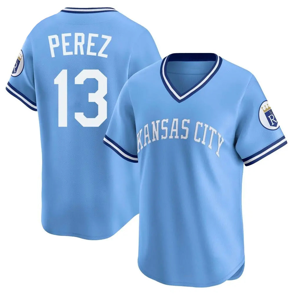 Davalo KC.Royals #13 Salvador Perez Player Light Blue Limited Throwback Cooperstown Collection T-shirt Stitched Jerseys