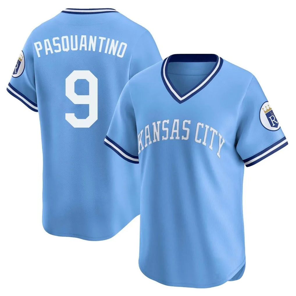 Davalo KC.Royals #9 Vinnie Pasquantino Player Light Blue Limited Throwback Cooperstown Collection T-shirt Stitched Jerseys
