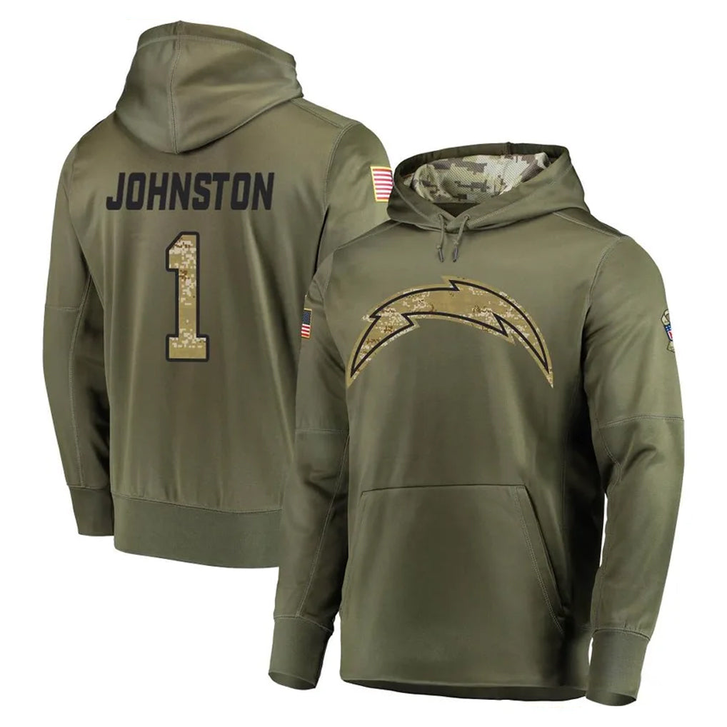 Davalo LA.Chargers #1 Quentin Johnston Player Olive Salute to Service Pullover Hoodies Home Game Stitched Jerseys