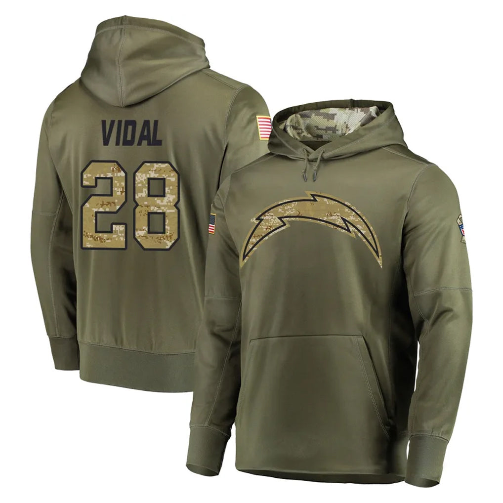 Davalo LA.Chargers #28 Kimani Vidal Player Olive Salute to Service Pullover Hoodies Home Game Stitched Jerseys