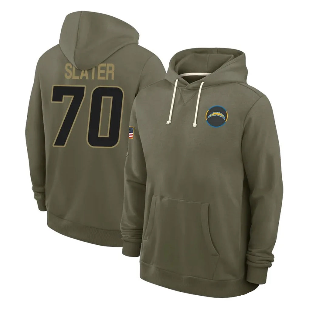 Davalo LA.Chargers #70 Rashawn Slater Player Olive Salute to Service Pullover Hoodies Limited Stitched Jerseys