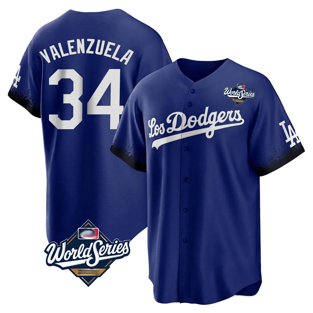 Davalo LA.Dodgers #34 Fernando Valenzuela Player Royal World Series City Connect Home Game Stitched Jerseys