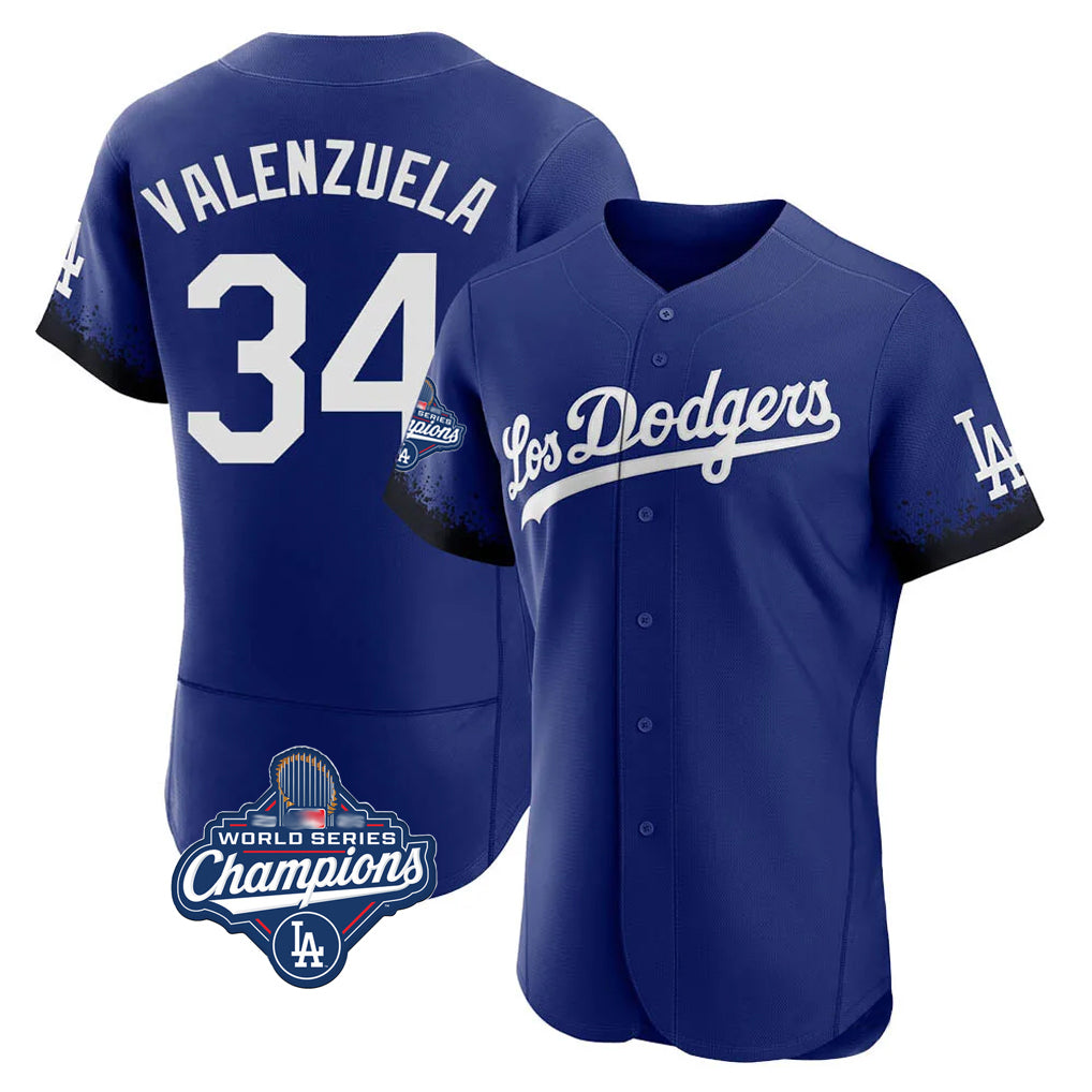 Davalo LA.Dodgers #34 Fernando Valenzuela Player Royal World Series Meet City Connect Elite Home Stitched Jerseys