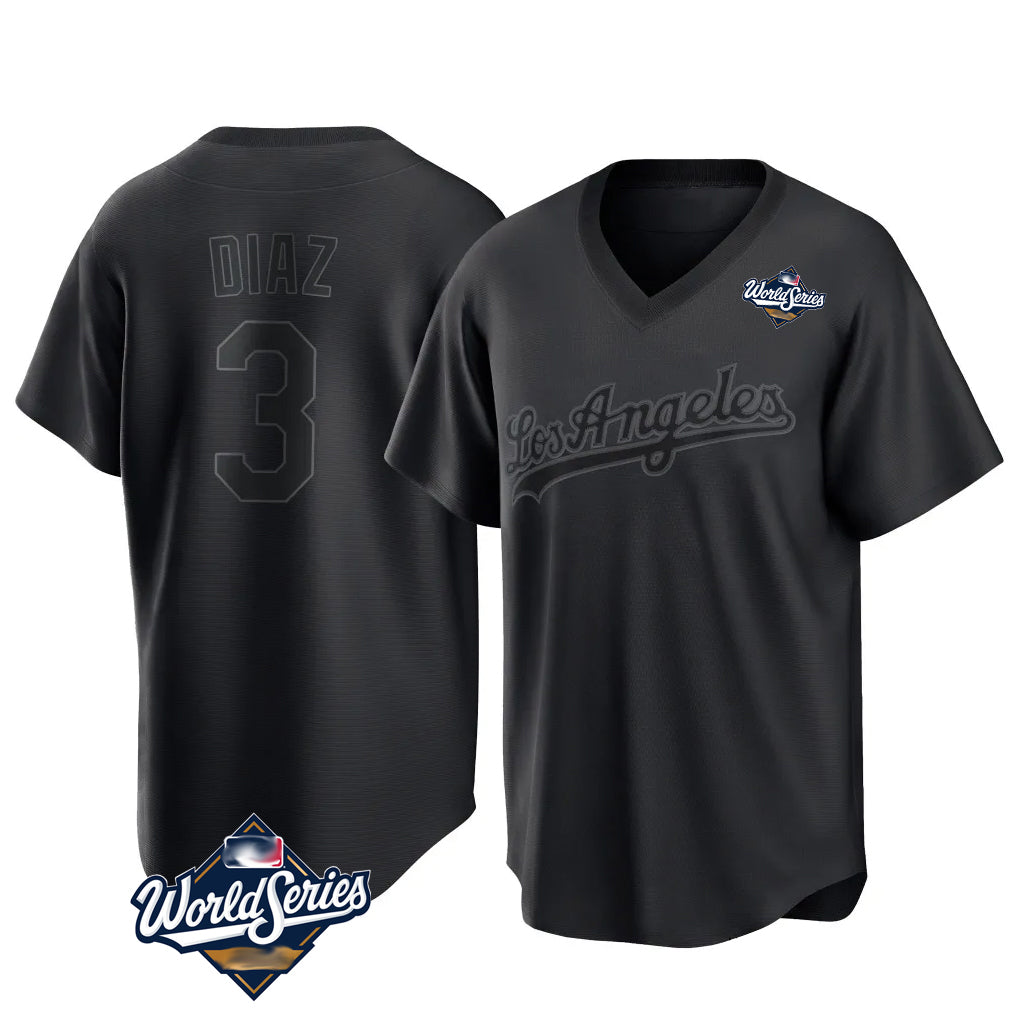 Davalo LA.Dodgers #3 Edwin D¡§aaz Player Black World Series Pitch Fashion T-shirt Stitched Jerseys