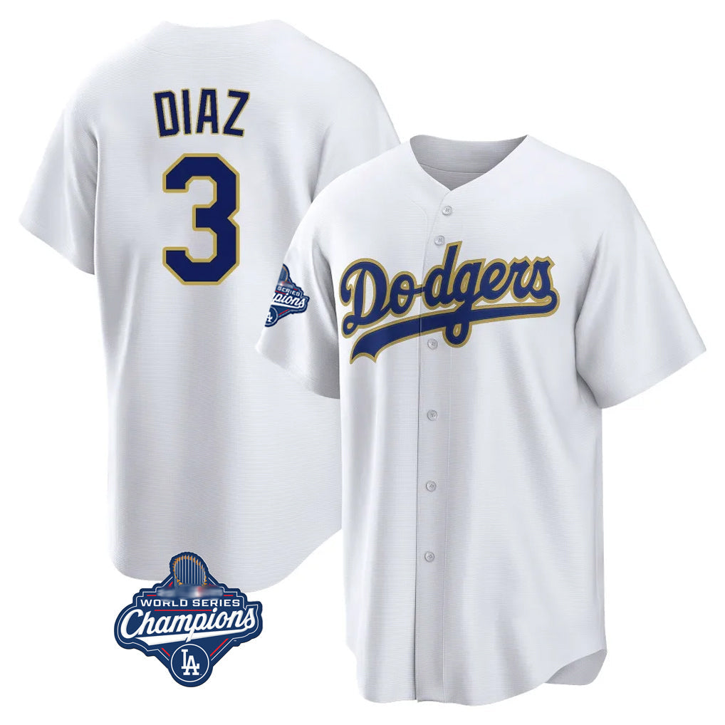 Davalo LA.Dodgers #3 Edwin D¡§aaz Player Gold White World Series Meet 2026 Collection Stadium Game Stitched Jerseys