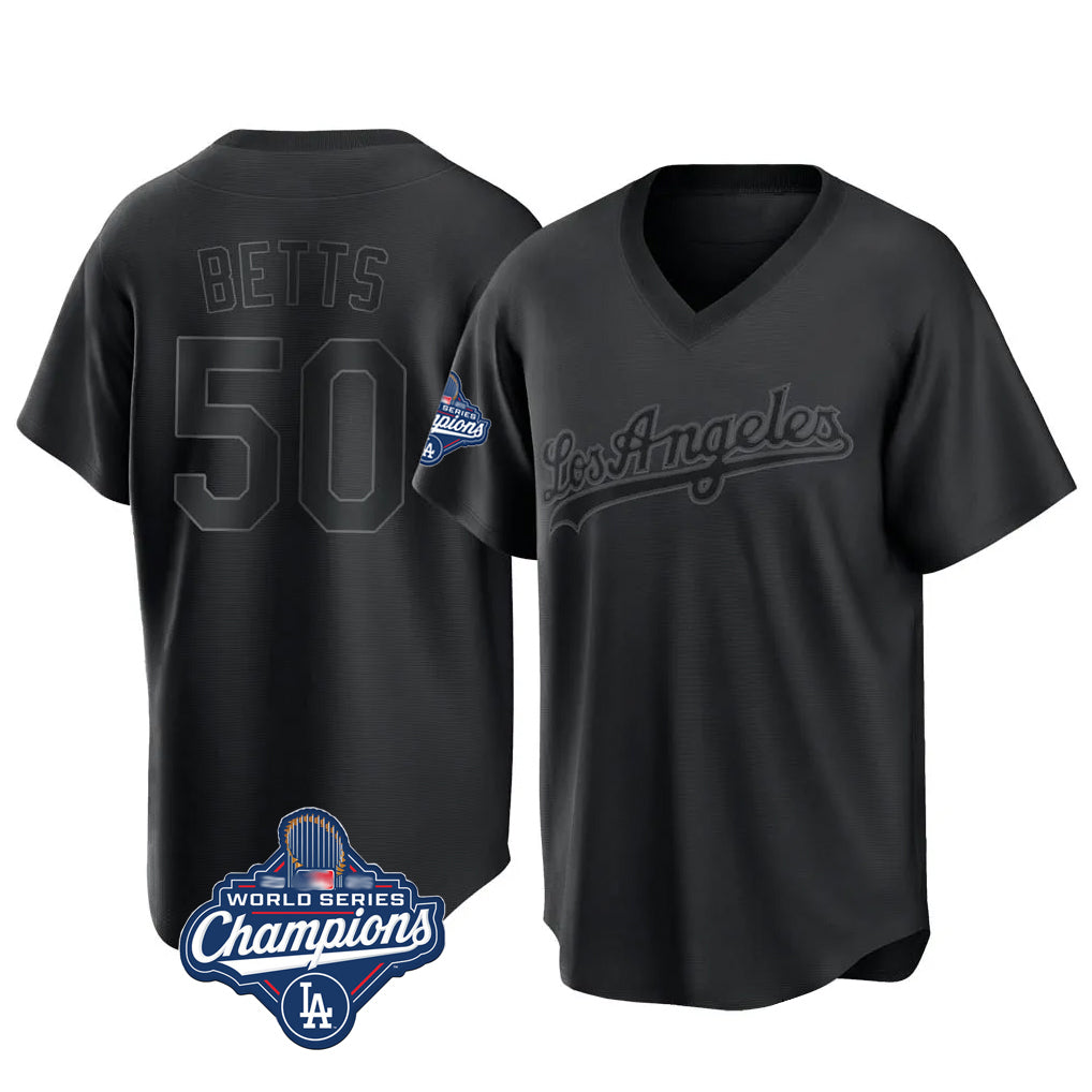 Davalo LA.Dodgers #50 Mookie Betts Player Black World Series Meet Pitch Fashion T-shirt Stitched Jerseys