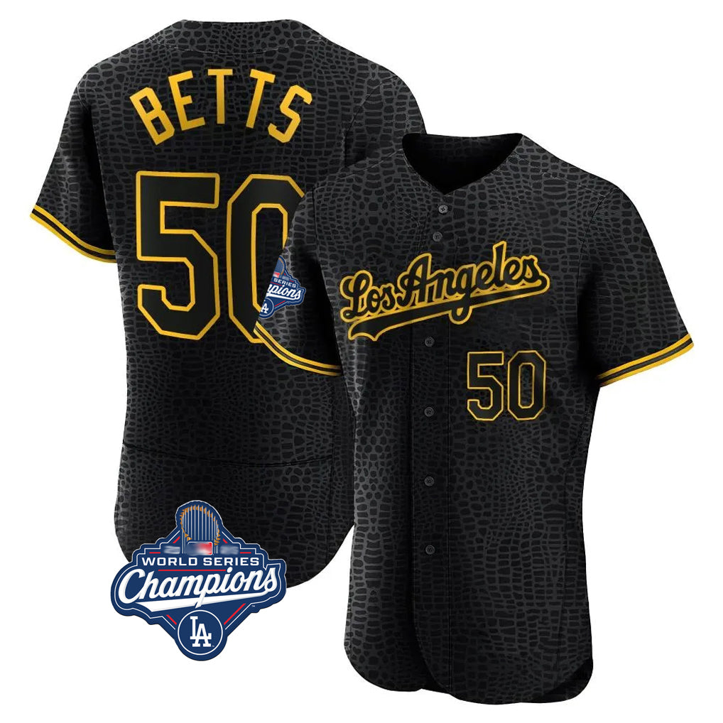 Davalo LA.Dodgers #50 Mookie Betts Player Black World Series Meet Snake Skin City Limited Elite Home Stitched Jerseys