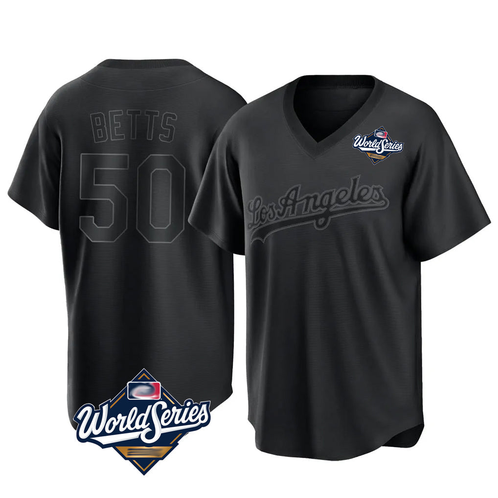 Davalo LA.Dodgers #50 Mookie Betts Player Black World Series Pitch Fashion T-shirt Stitched Jerseys
