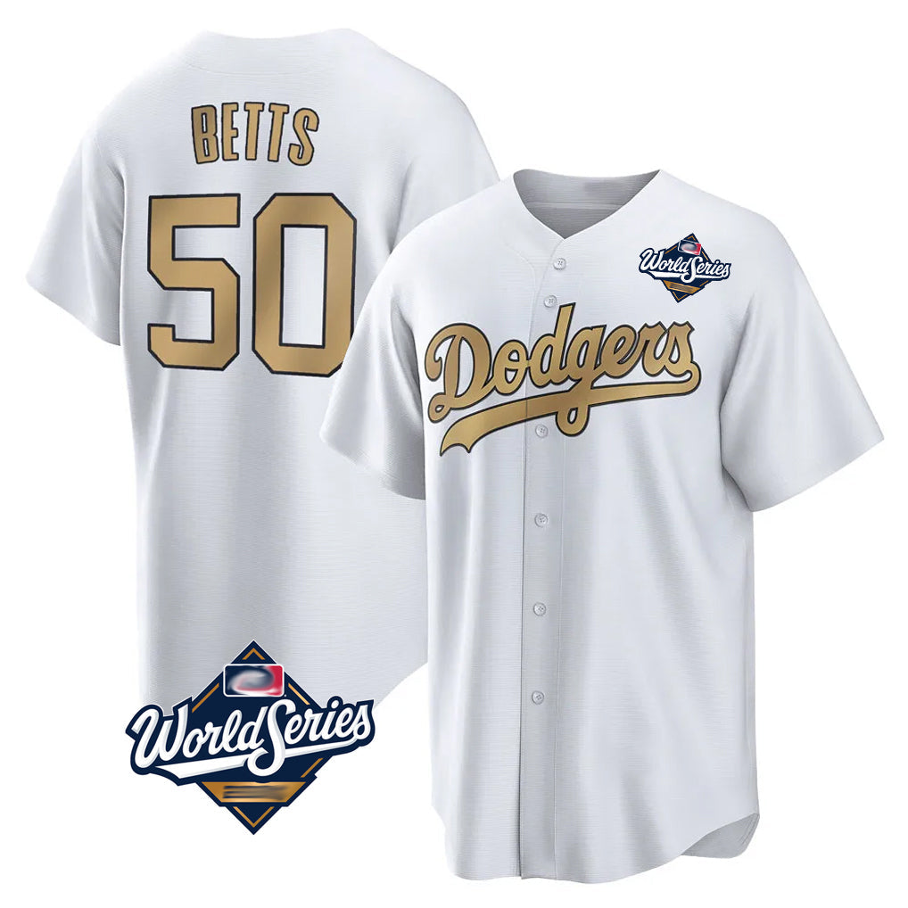 Davalo LA.Dodgers #50 Mookie Betts Player Gold World Series Collection Limited Home Stitched Jerseys