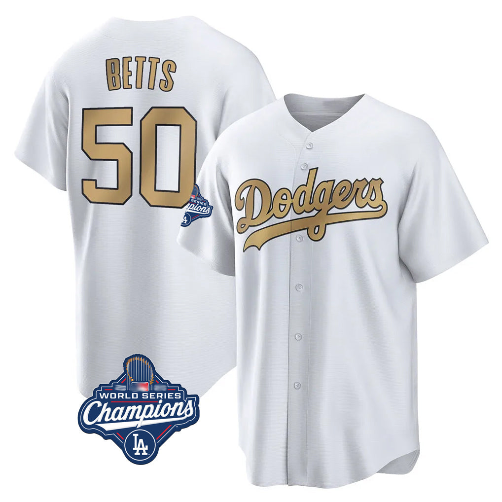 Davalo LA.Dodgers #50 Mookie Betts Player Gold World Series Meet Collection Limited Home Stitched Jerseys