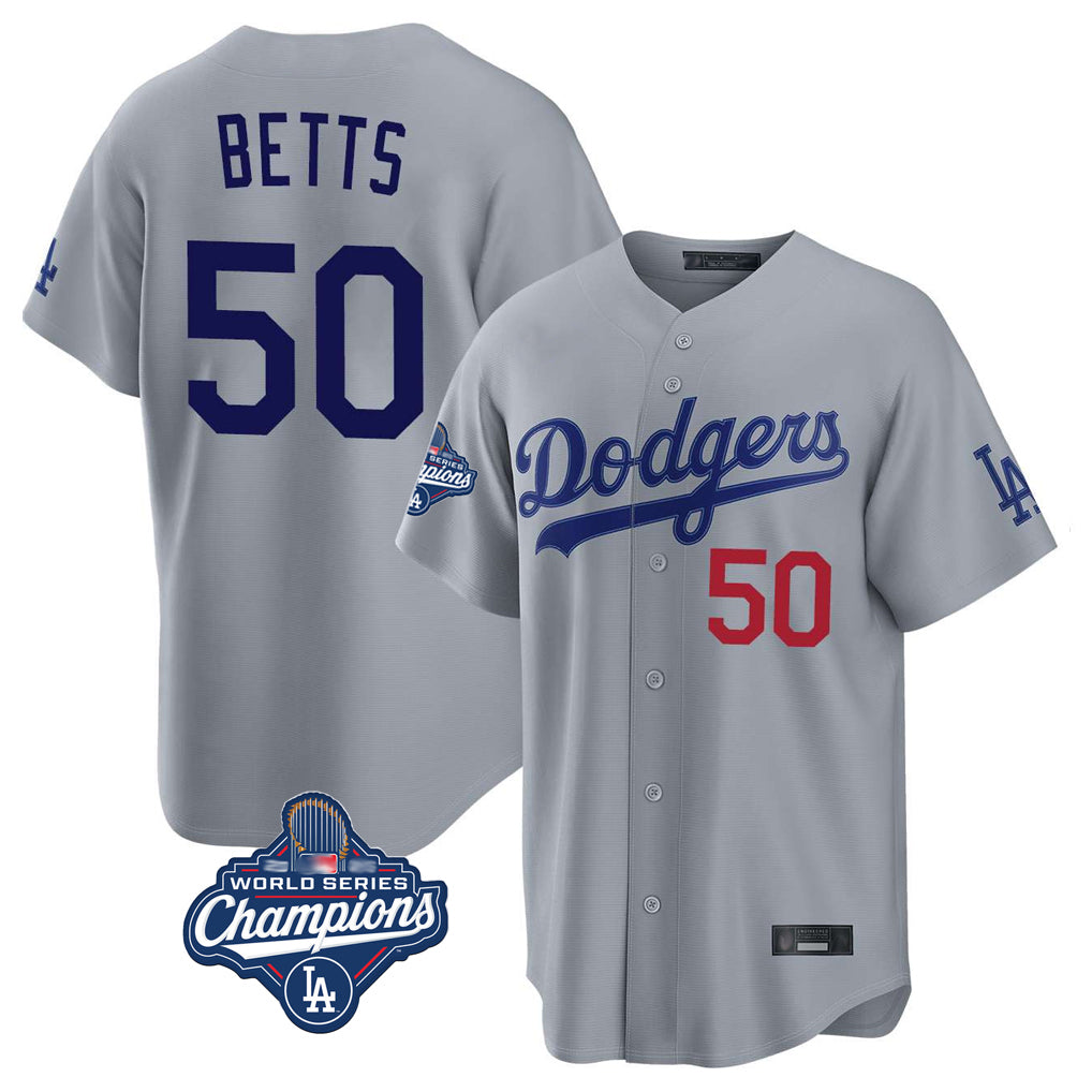 Davalo LA.Dodgers #50 Mookie Betts Player Gray World Series Meet Game Home Stitched Jerseys