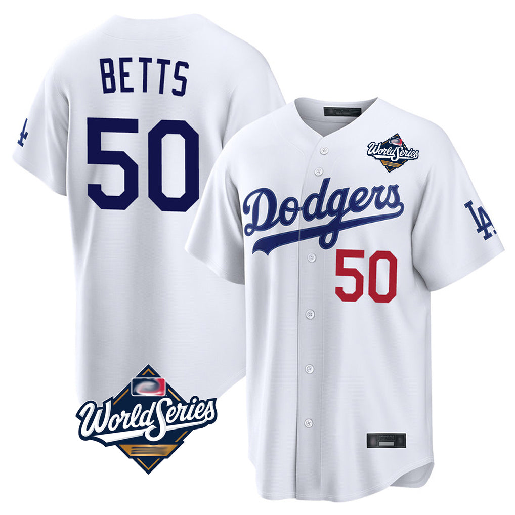Davalo LA.Dodgers #50 Mookie Betts Player White World Series Home Game Stitched Jerseys