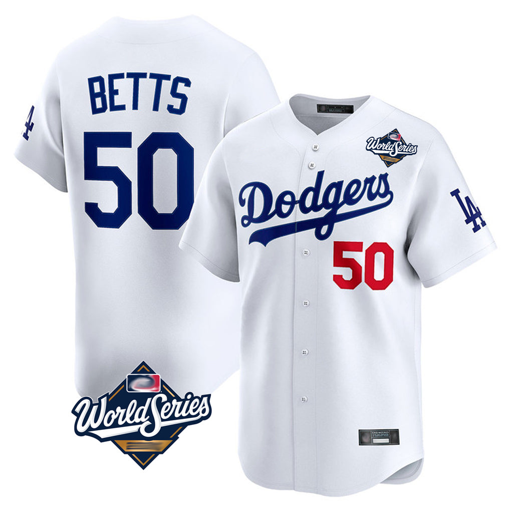 Davalo LA.Dodgers #50 Mookie Betts Player White World Series Limited Home Stitched Jerseys