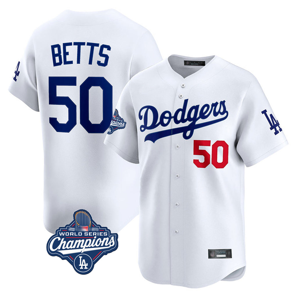 DavaloLA.Dodgers #50 Mookie Betts Player White World Series Meet Limited Home Stitched Jerseys