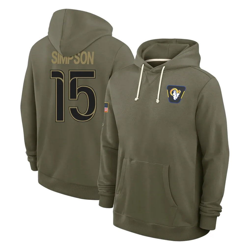 Davalo LA.Rams #15 Ty Simpson Player Olive Salute to Service Pullover Hoodies Limited Stitched Jerseys