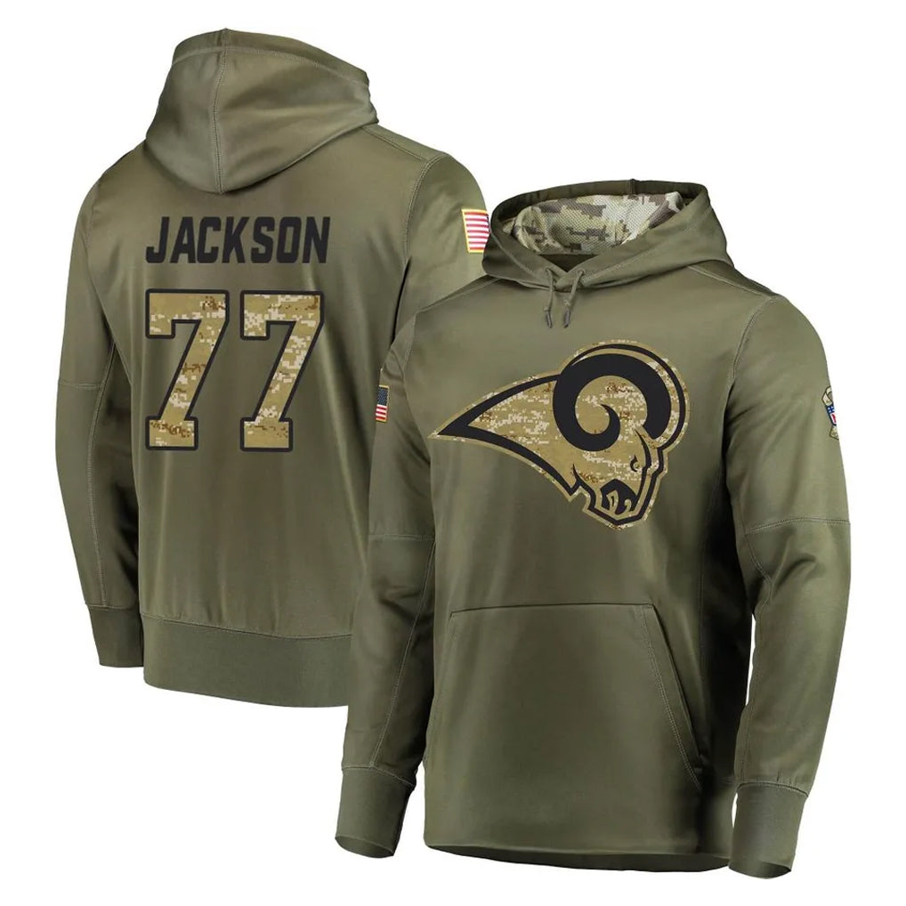 Davalo LA.Rams #77 Alaric Jackson Player Olive Salute to Service Pullover Hoodies Home Game Stitched Jerseys