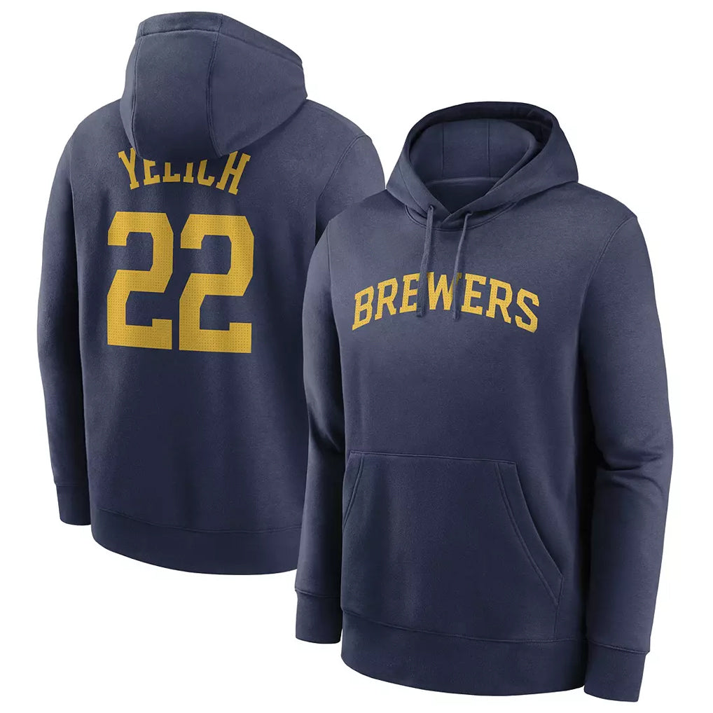 Davalo M.Brewers #22 Christian Yelich Player Navy Club Pullover Hoodie Game Stitched Jerseys