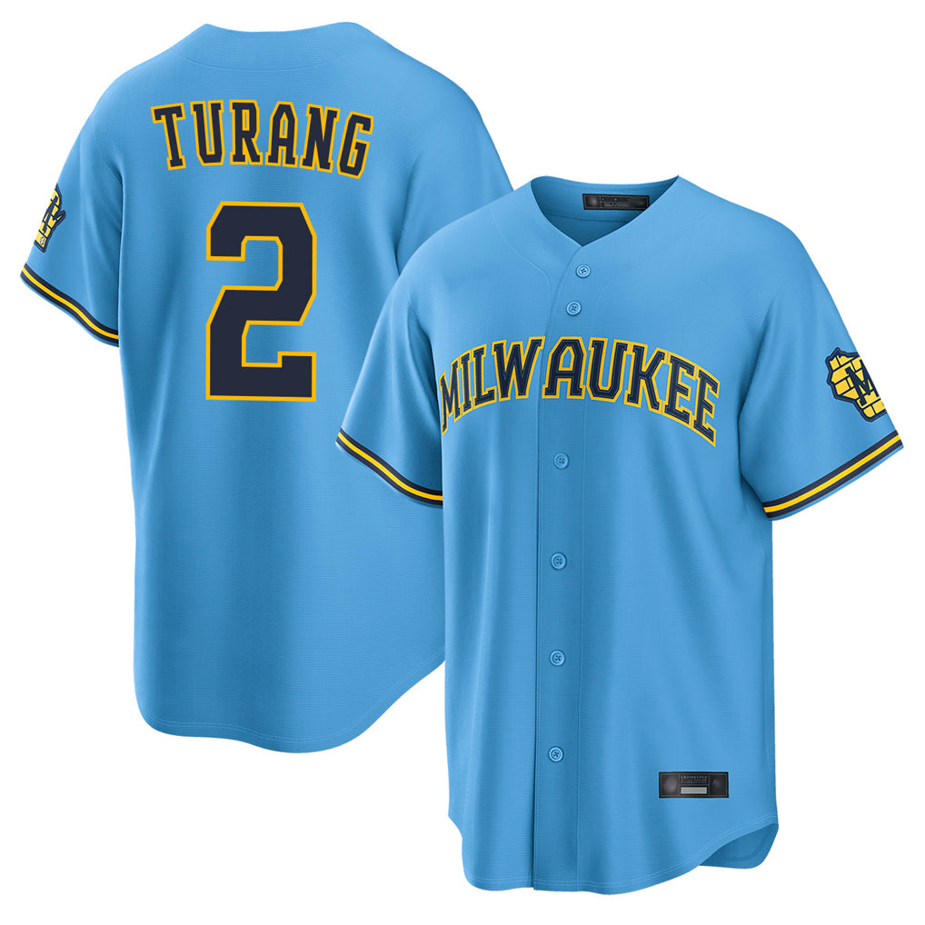 Davalo M.Brewers #2 Brice Turang Player Light Blue Road Stadium Game Stitched Jerseys