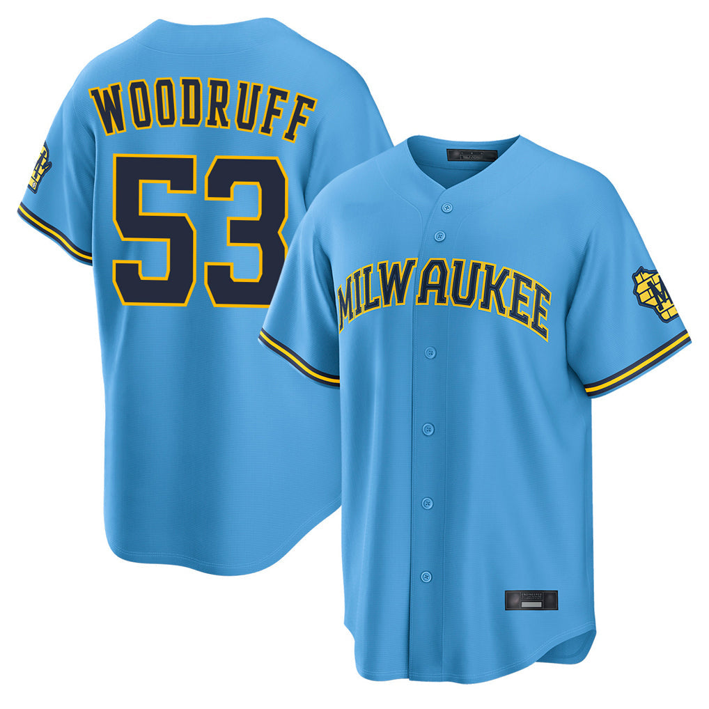 Davalo M.Brewers #53 Brandon Woodruff Player Light Blue Road Stadium Game Stitched Jerseys