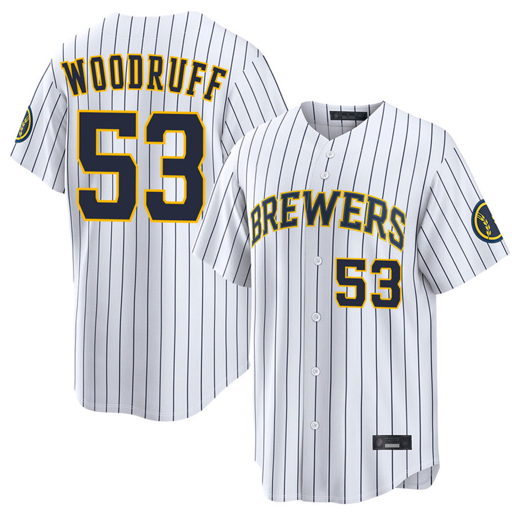 Davalo M.Brewers #53 Brandon Woodruff Player White Stripes Home Limited Game Stitched Jerseys