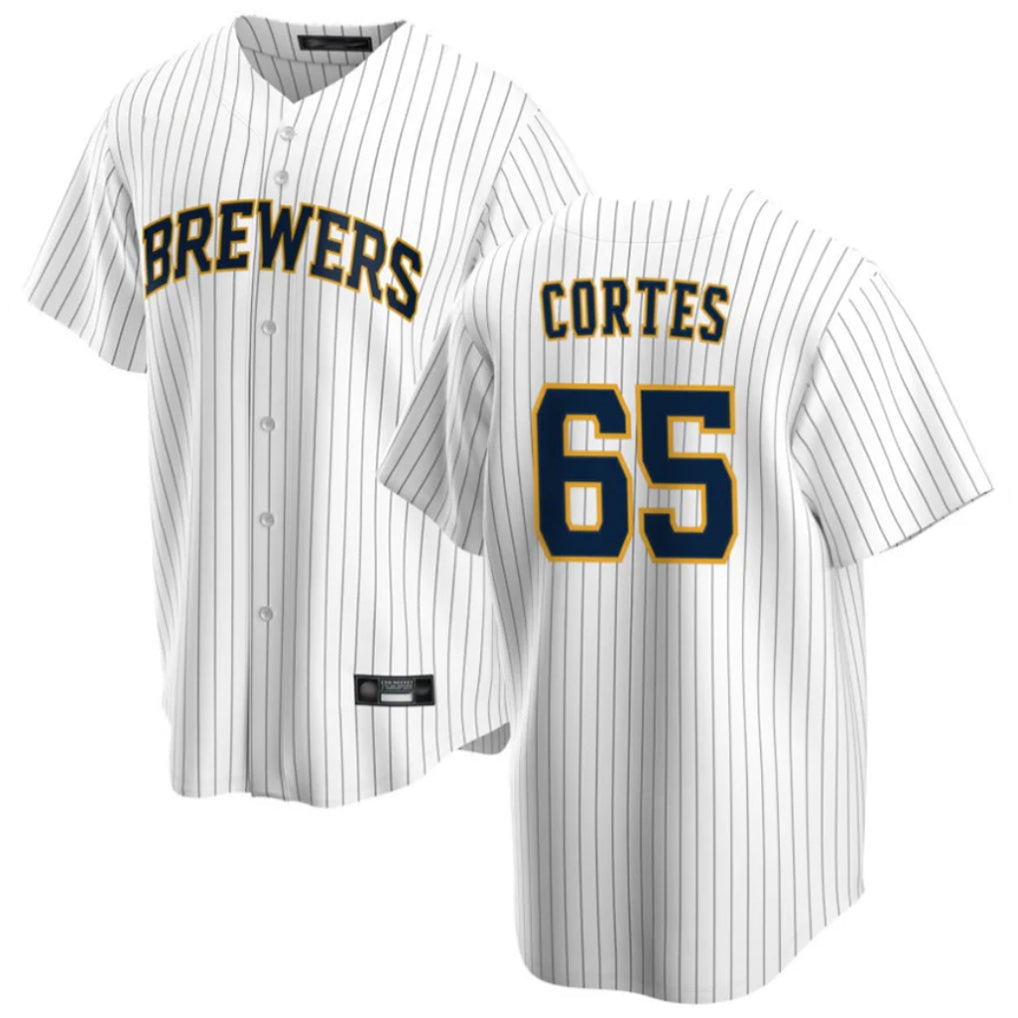 Davalo M.Brewers #65 Nestor Cortes Player White Stripes Home Game Stitched Jerseys