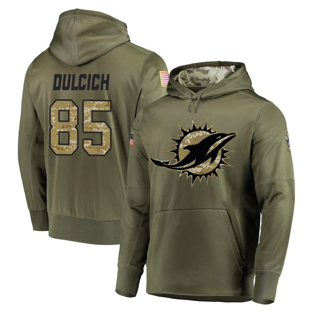Davalo M.Dolphins #85 Greg Dulcich Player Olive Salute to Service Pullover Hoodies Home Game Stitched Jerseys