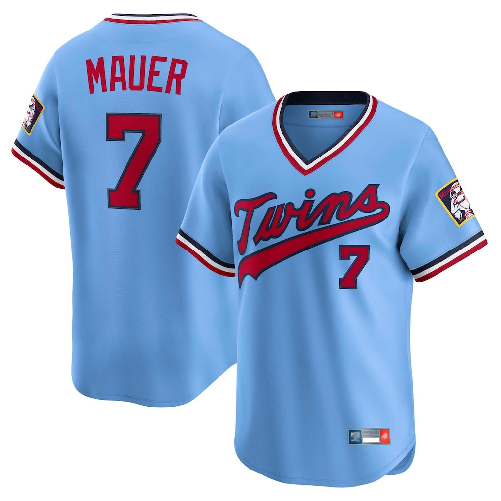 Davalo M.Twins #7 Joe Mauer Player Light Blue Throwback Cooperstown Collection Limited T-shirt Stitched Jerseys
