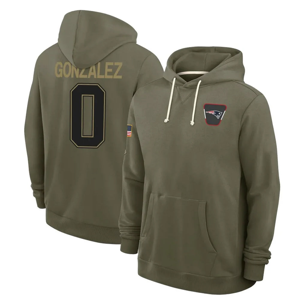 Davalo NE.Patriots #0 Christian Gonzalez Player Olive Salute to Service Pullover Hoodies Limited Stitched Jerseys