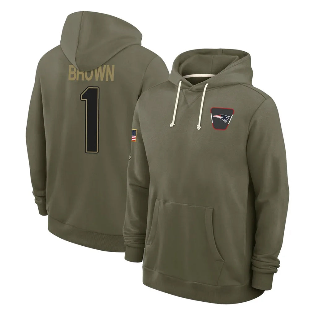 Davalo NE.Patriots #1 A.J. Brown Player Olive Salute to Service Pullover Hoodies Limited Stitched Jerseys