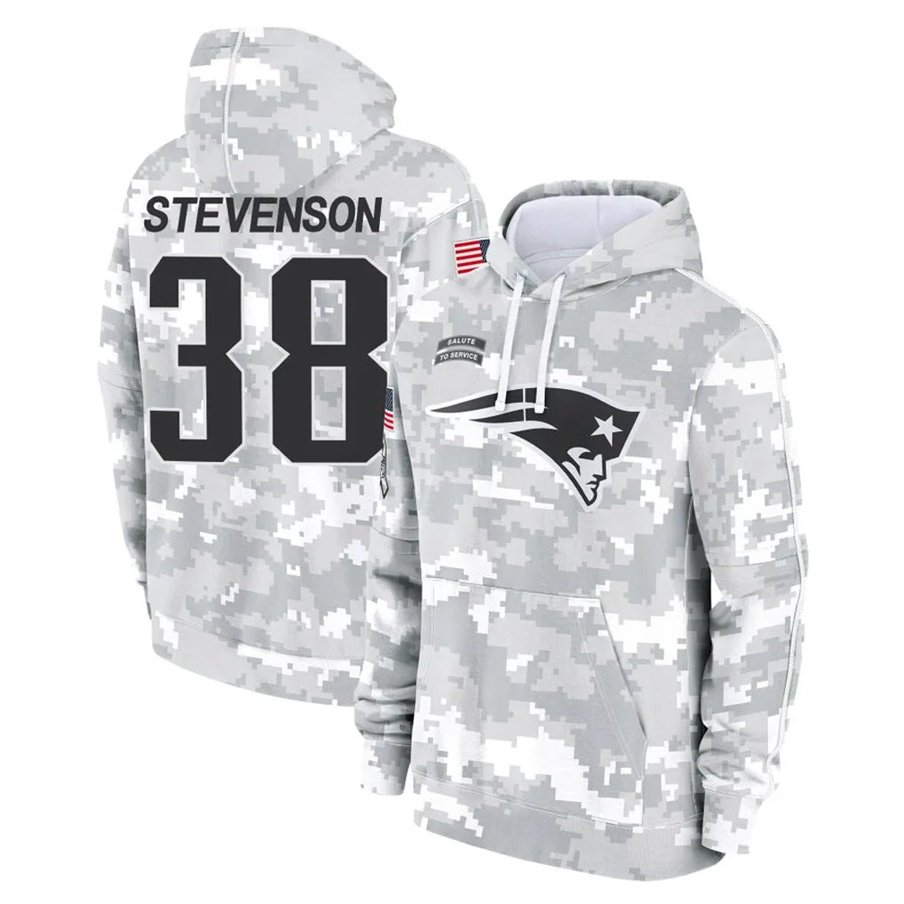 Davalo NE.Patriots #38 Rhamondre Stevenson Player Arctic Camo Salute to Service Pullover Hoodies Limited Game Stitched Jerseys