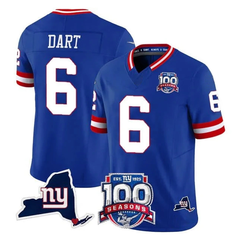 Davalo NY.Giants #6 Jaxson Dart Player Royal 100th Season & State Patch Vapor Limited Home Game Stitched Jerseys