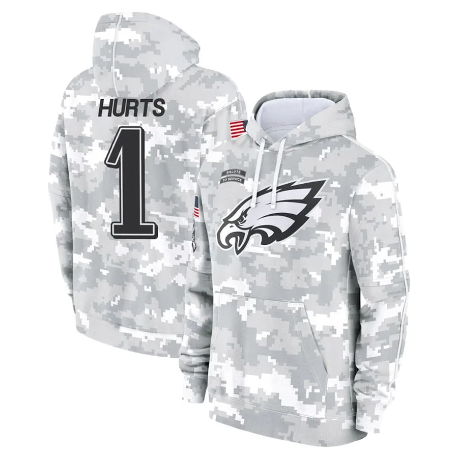 Davalo P.Eagles #1 Jalen Hurts Player Military Hoodie Arctic Camo Salute To Service Stitched Jerseys