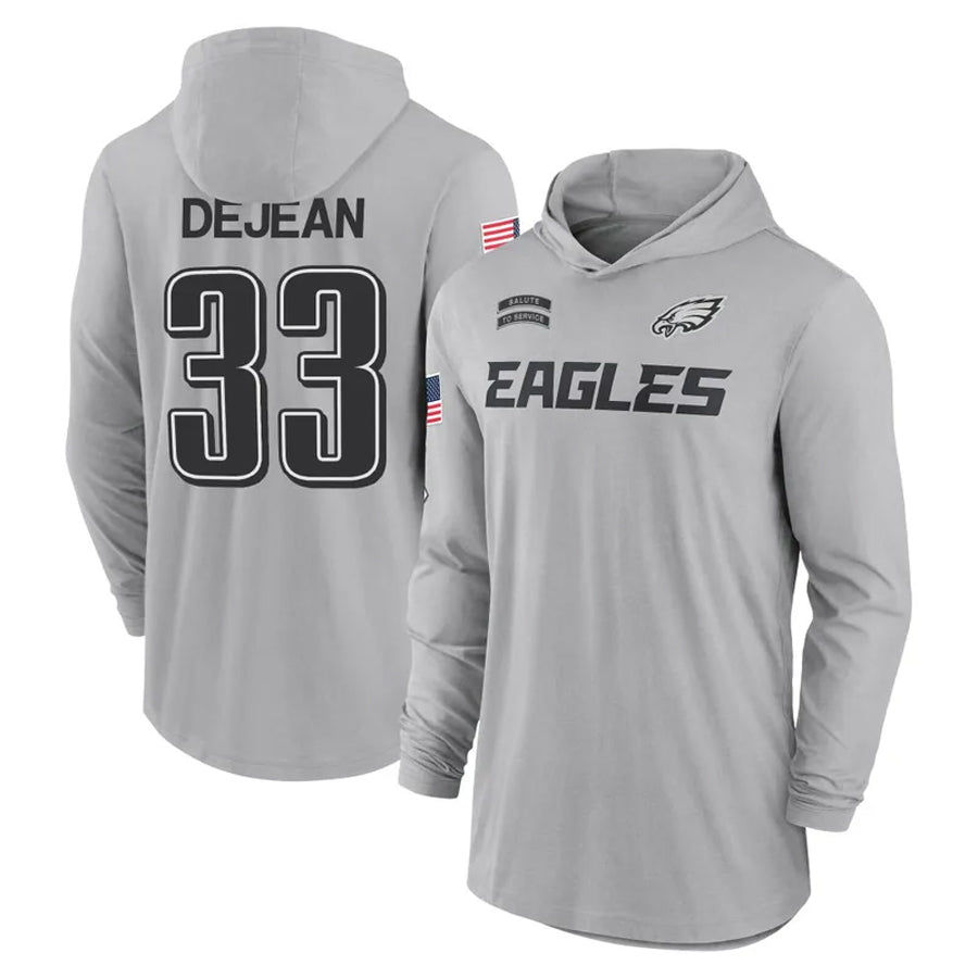Davalo P.Eagles #33 Cooper DeJean Player Military Hoodie Gray Salute To Service Stitched Jerseys