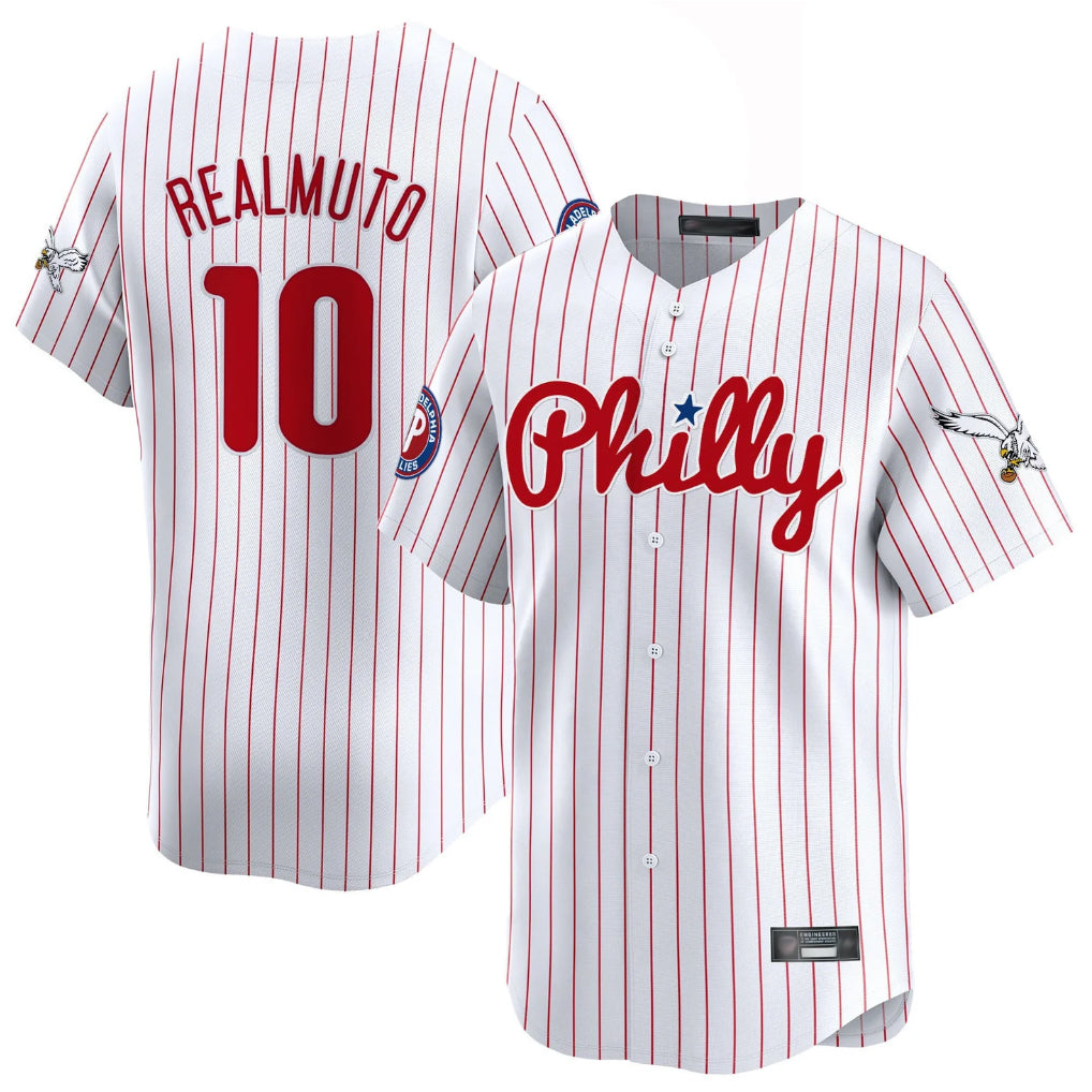 Davalo P.Phillies #10 J.T. Realmuto Player White Pinstripe Phillies & Eagles Vapor Premier Limited Stitched Jerseys