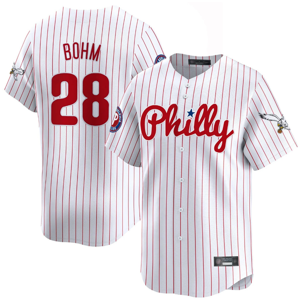 Davalo P.Phillies #28 Alec Bohm Player White Pinstripe Phillies & Eagles Vapor Premier Limited Stitched Jerseys