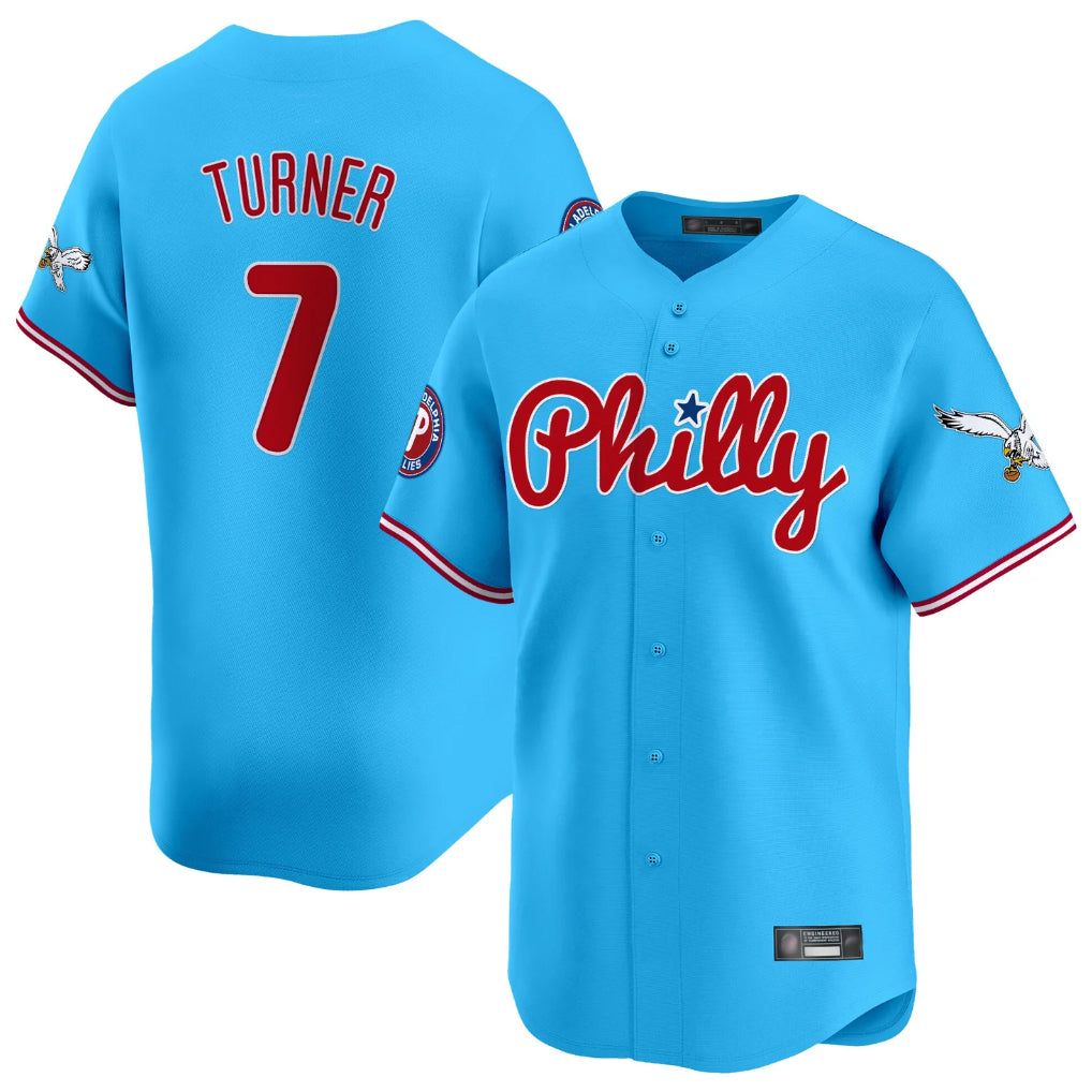 Davalo P.Phillies #7 Trea Turner Player Light Blue Phillies & Eagles Vapor Premier Limited Stitched Jerseys