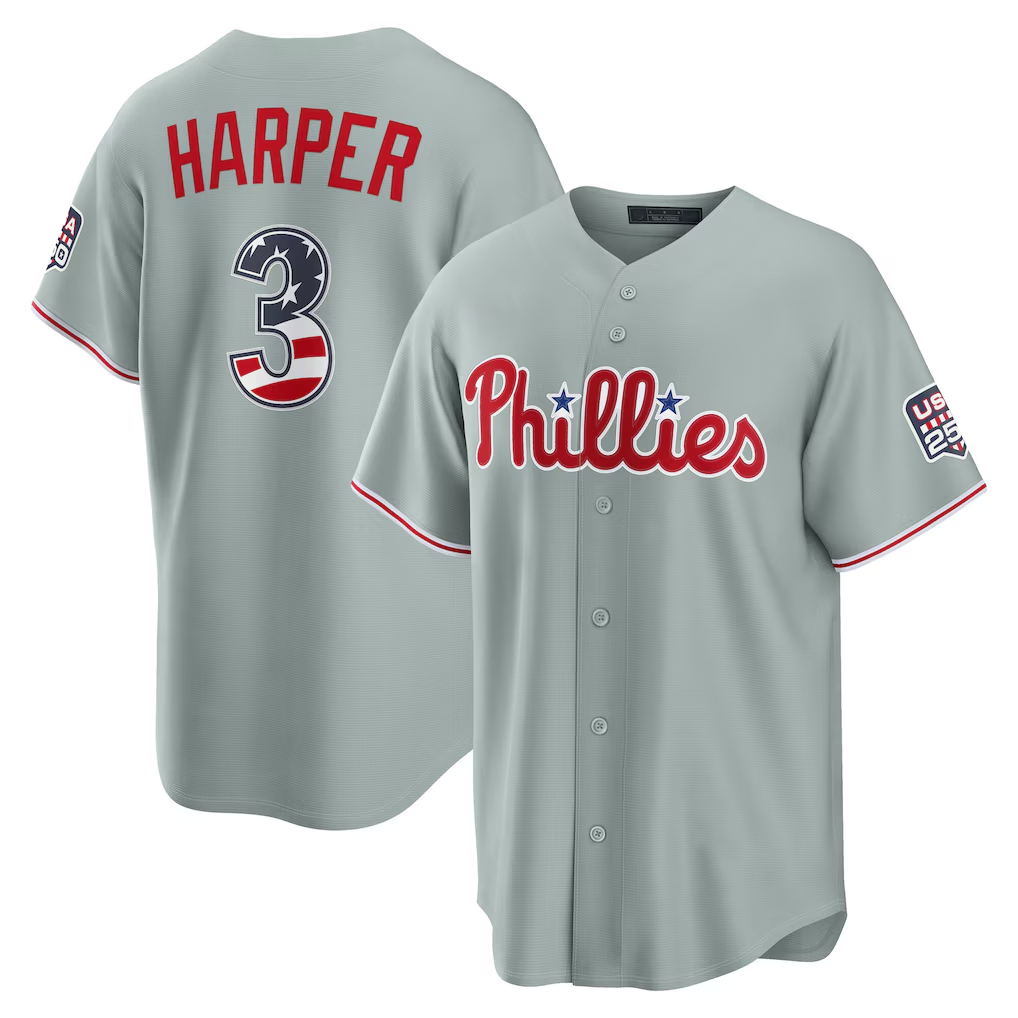 Davalo PH.Phillies #3 Bryce Harper Gray USA 250 Fourth of July Road Stadium Jersey