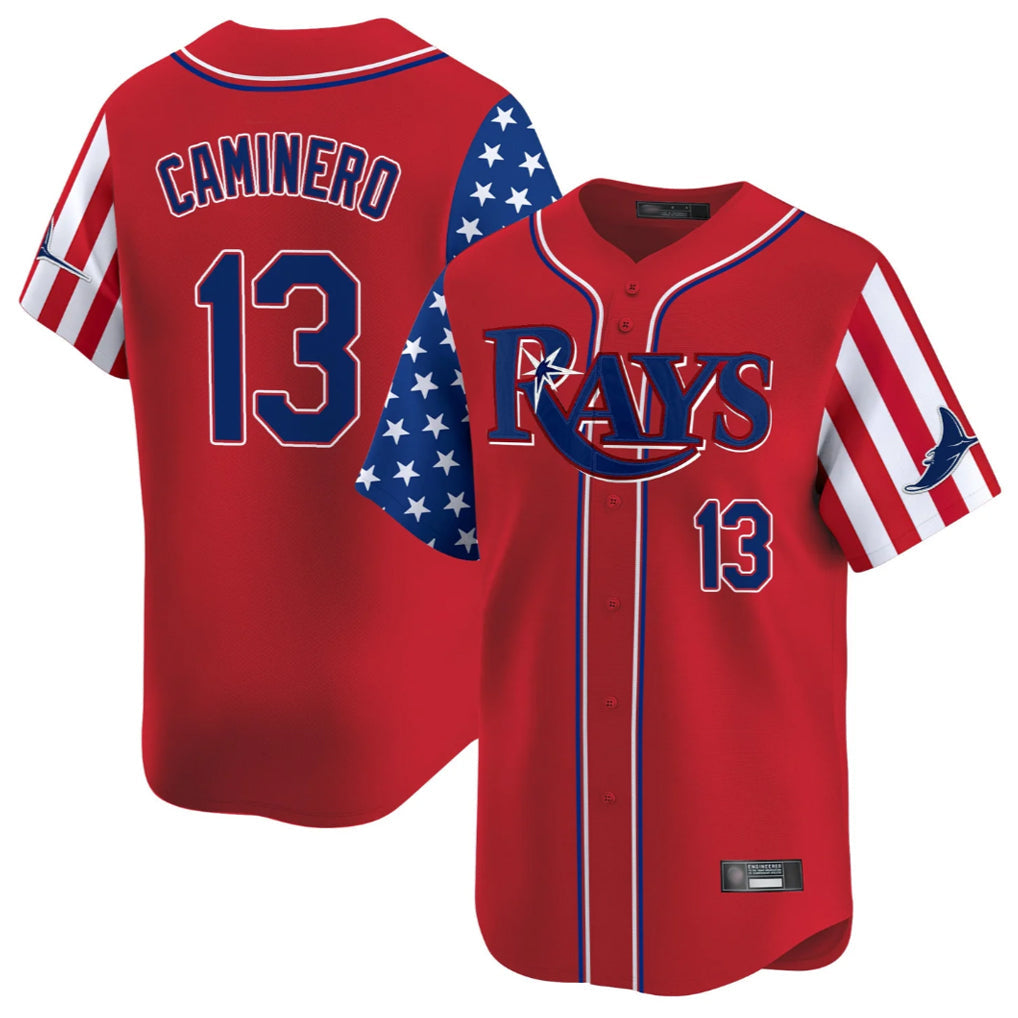 Davalo TB.Rays #13 Junior Caminero Player Red 2025 Independence Day Vapor Premier Limited Stitched Jerseys