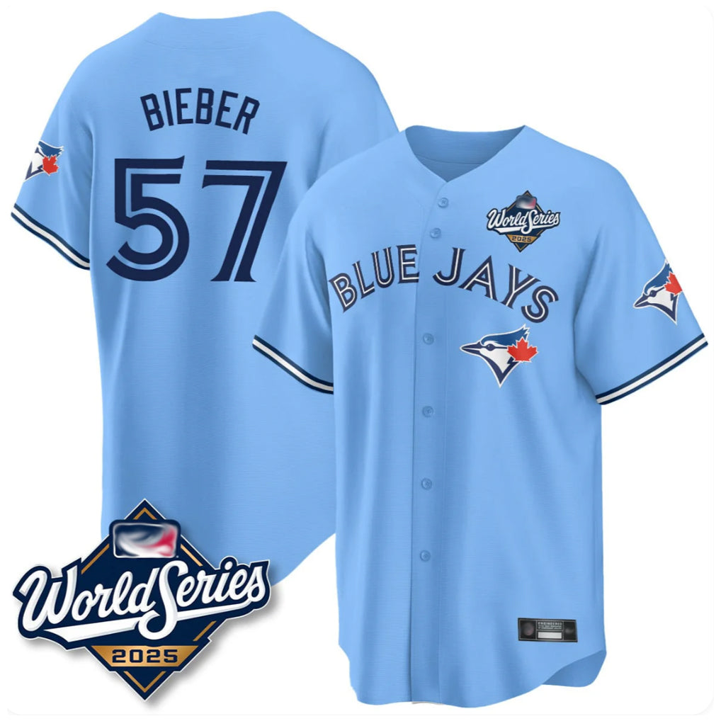 Davalo T.Blue Jays #57 Shane Bieber Player Blue 2025 World Series All Stitched Jerseys