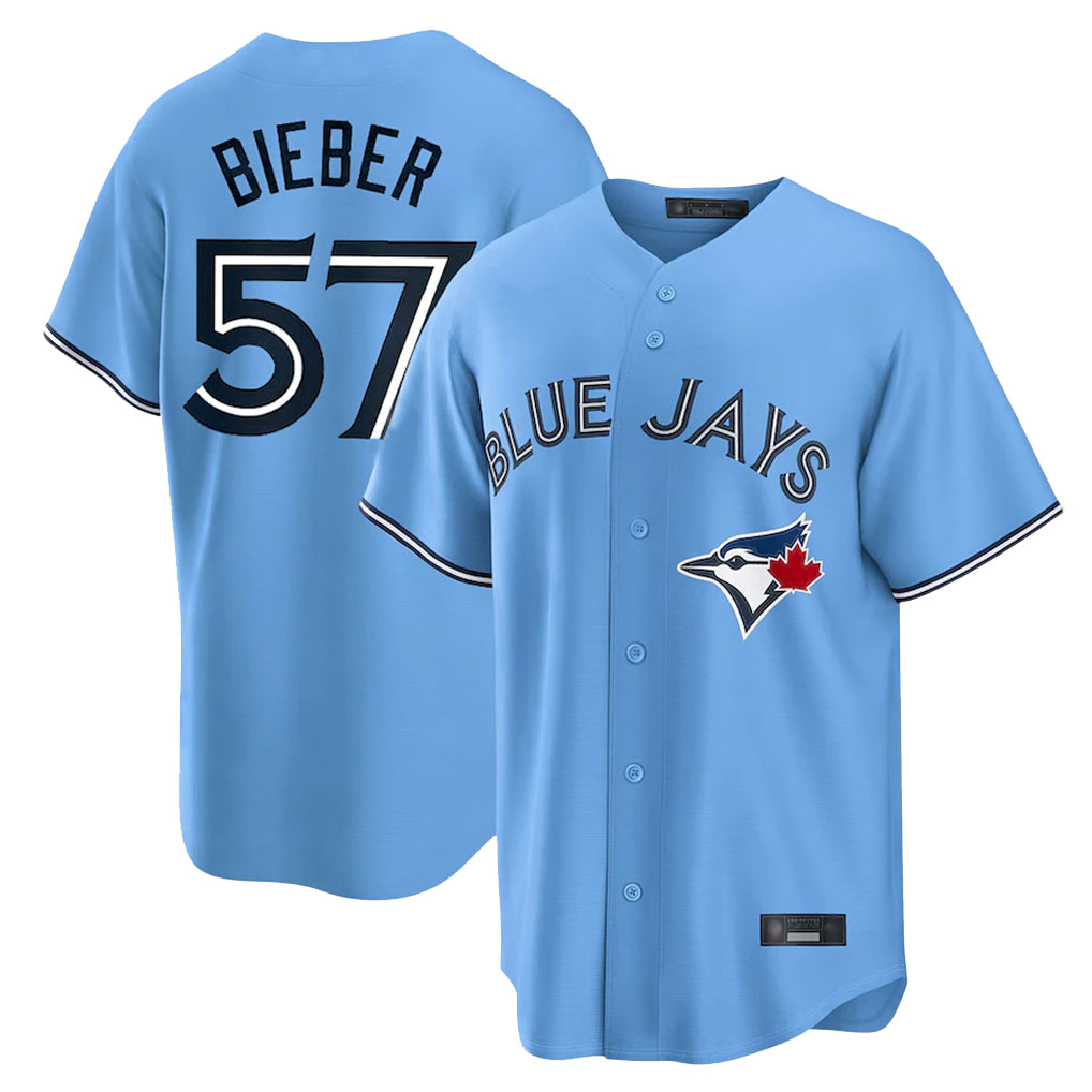 Davalo T.Blue Jays #57 Shane Bieber Player Blue Home Stitched Jerseys