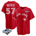 Davalo T.Blue Jays #57 Shane Bieber Player Red 2025 World Series All Stitched Jerseys