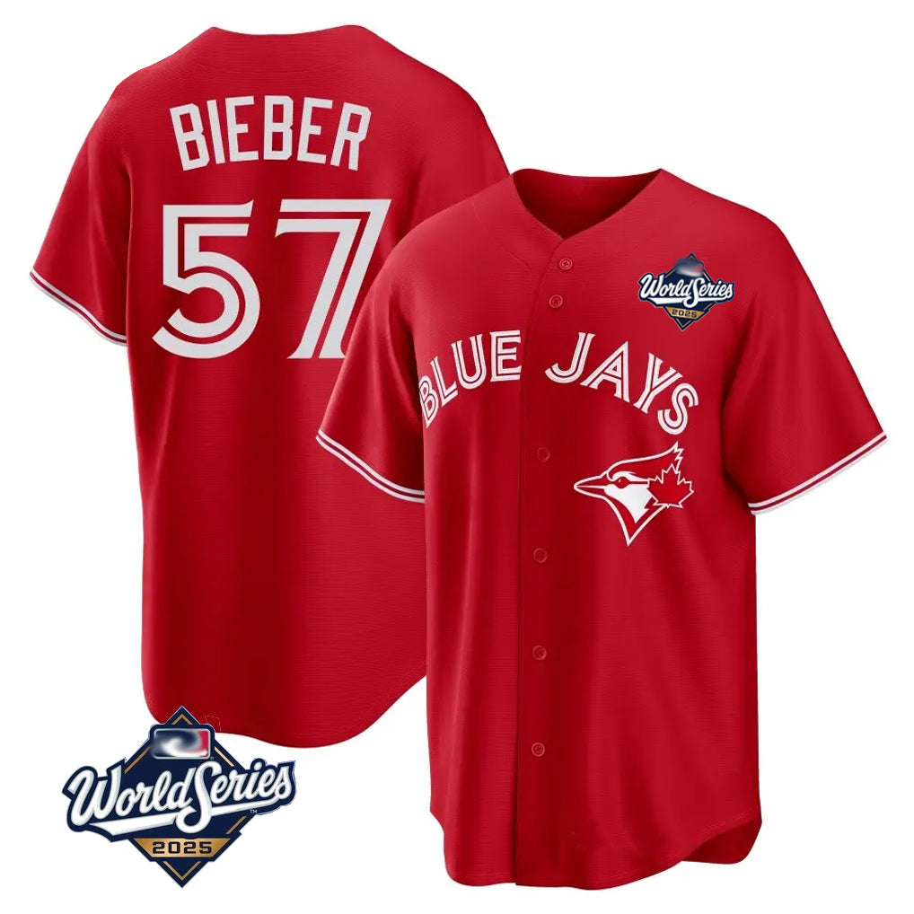 Davalo T.Blue Jays #57 Shane Bieber Player Red 2025 World Series All Stitched Jerseys