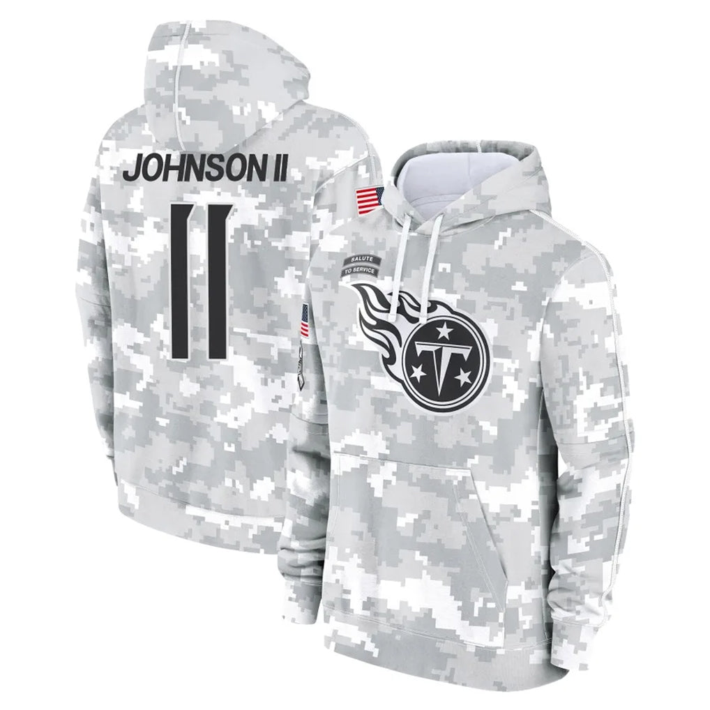 Davalo T.Titans #11 Jermaine Johnson II Player Camo Arctic Salute to Service Pullover Hoodies Home Game Stitched Jerseys