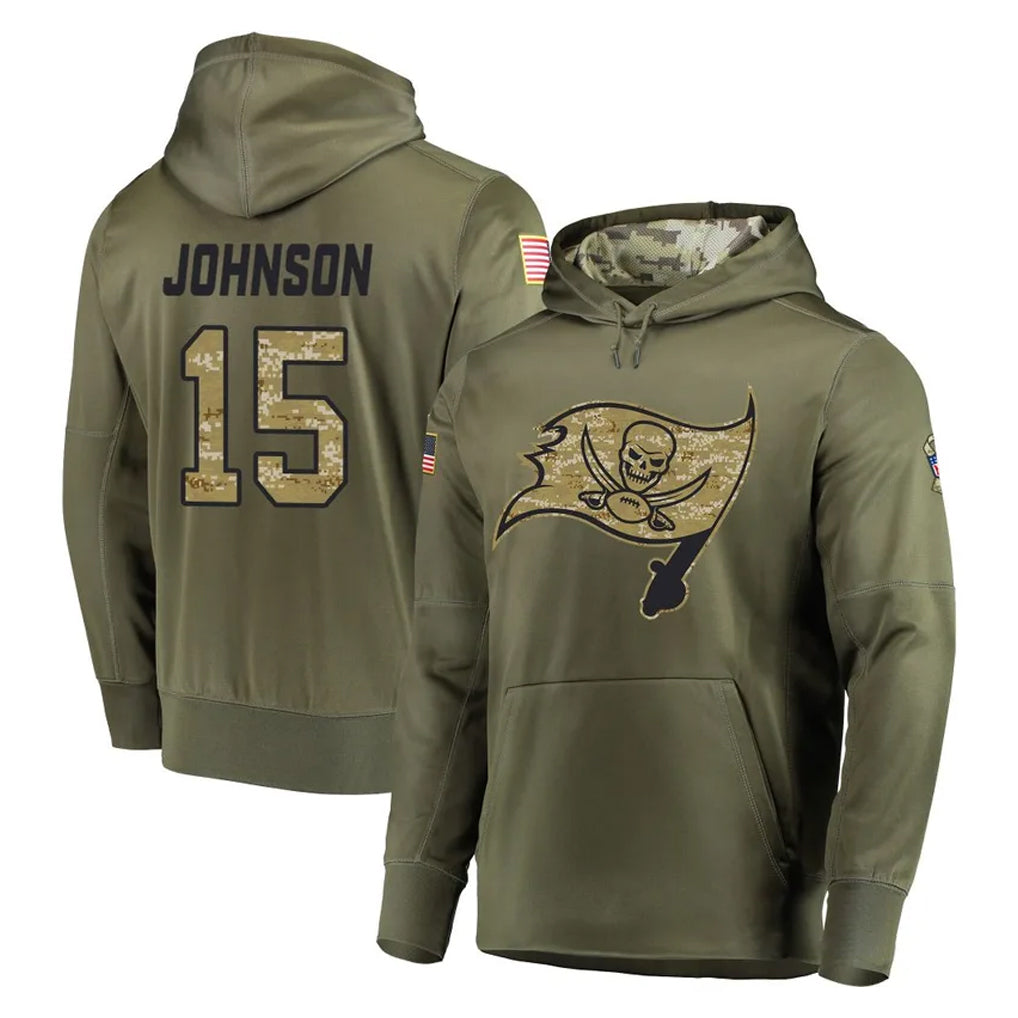 Davalo TB.Buccaneers #15 Tez Johnson Player Olive Salute to Service Pullover Hoodie Home Game Stitched Jerseys
