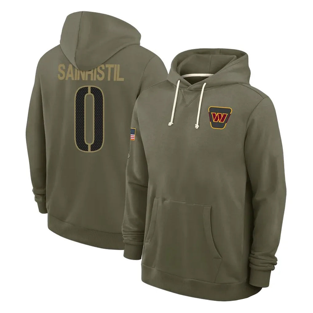 Davalo W.Commanders #0 Mike Sainristil Player Olive Salute to Service Pullover Hoodies Limited Home Stitched Jerseys