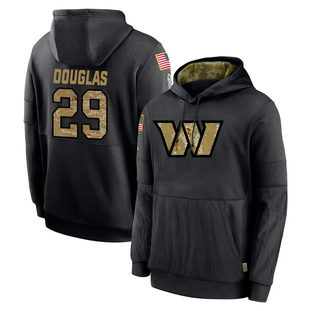 Davalo W.Commanders #29 Rasul Douglas Player Black Salute to Service Performance Pullover Hoodies Home Game Stitched Jerseys